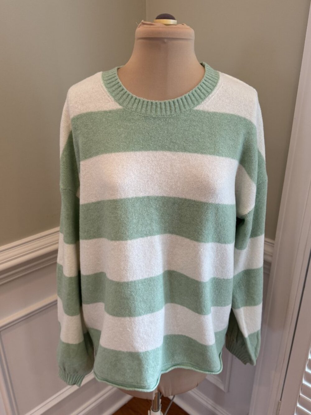 Sanctuary Light Green and White Striped Oversized Sweater